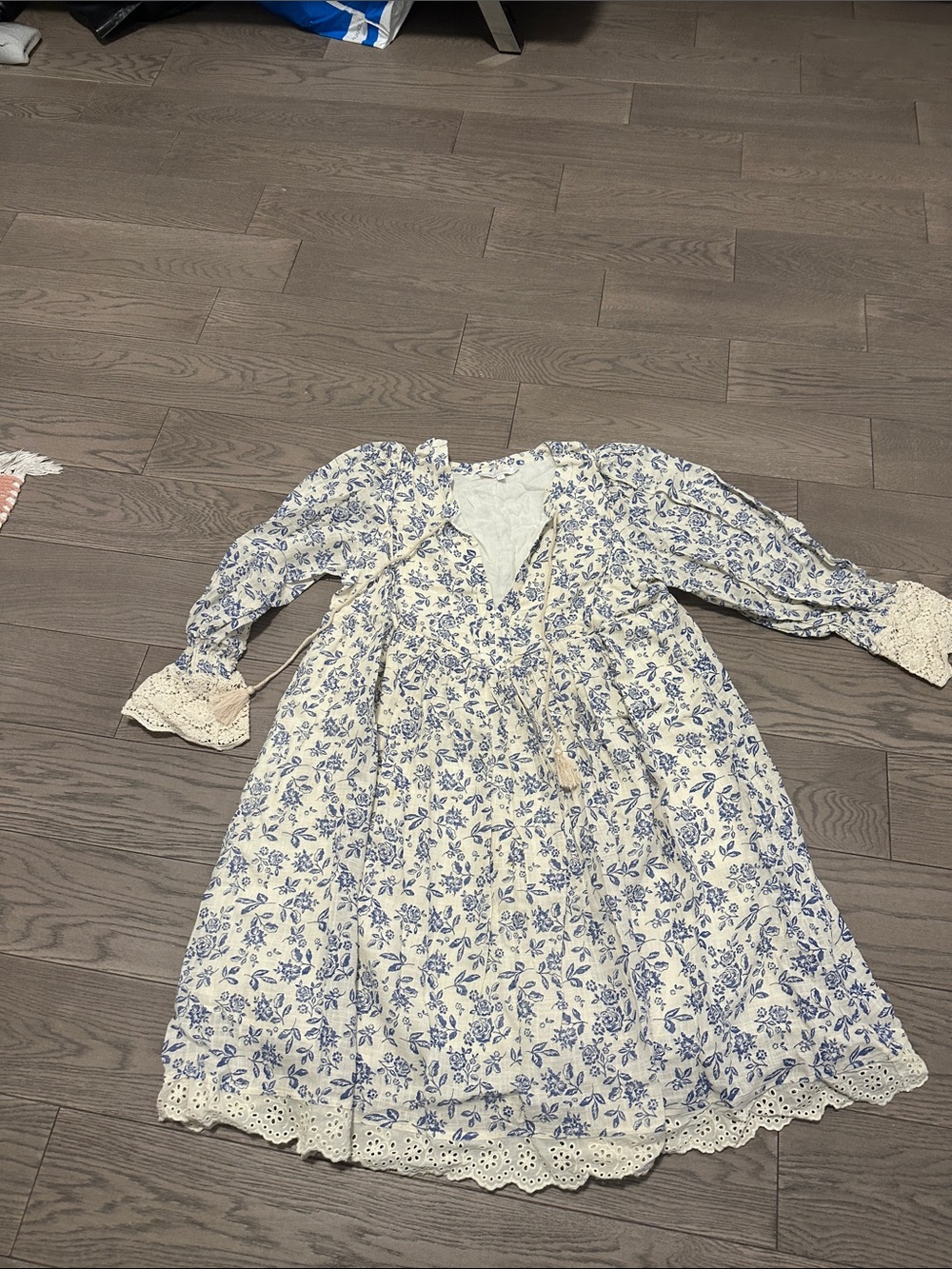 Girls White & Blue Floral Lace-Trim Dress